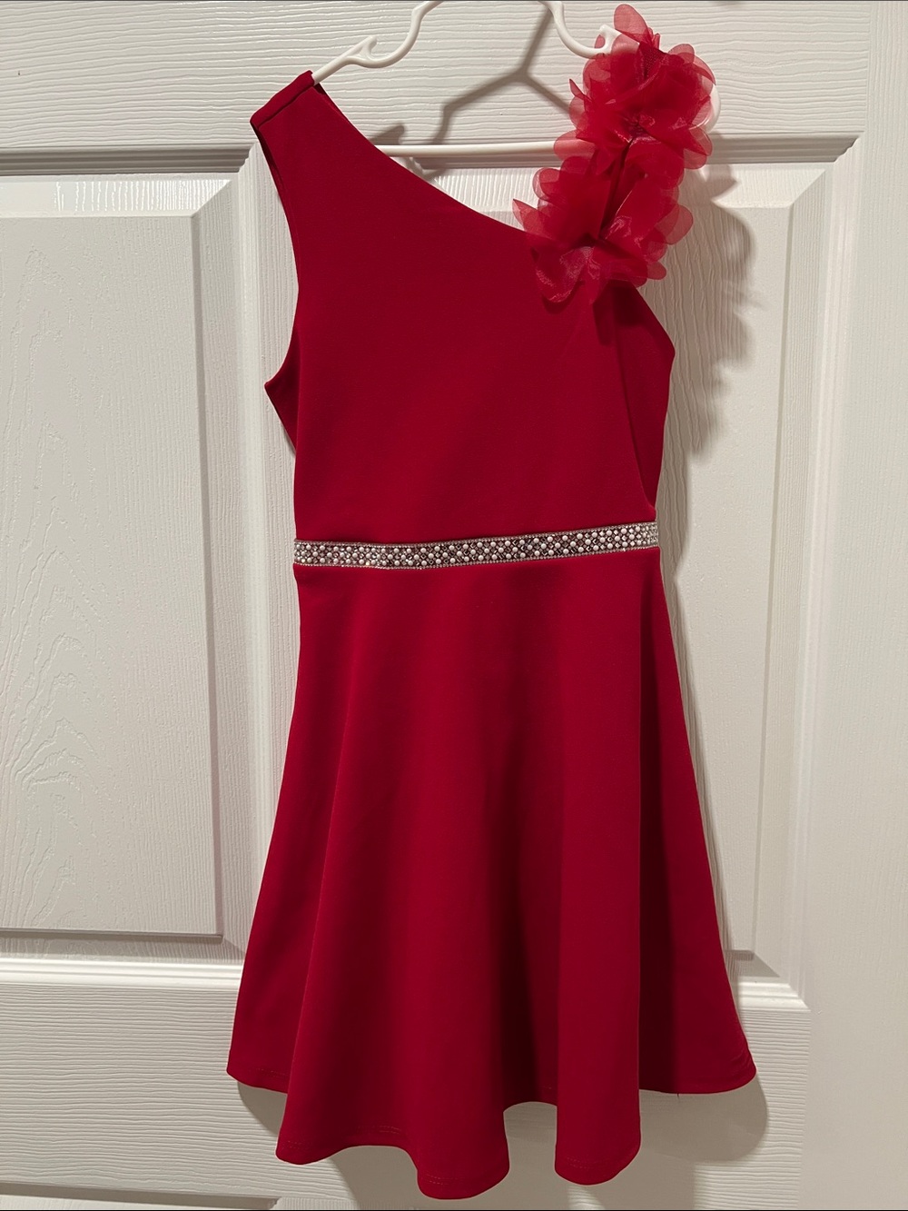 Speechless Red One-Shoulder Dress with Floral Accent and Rhinestone Waist